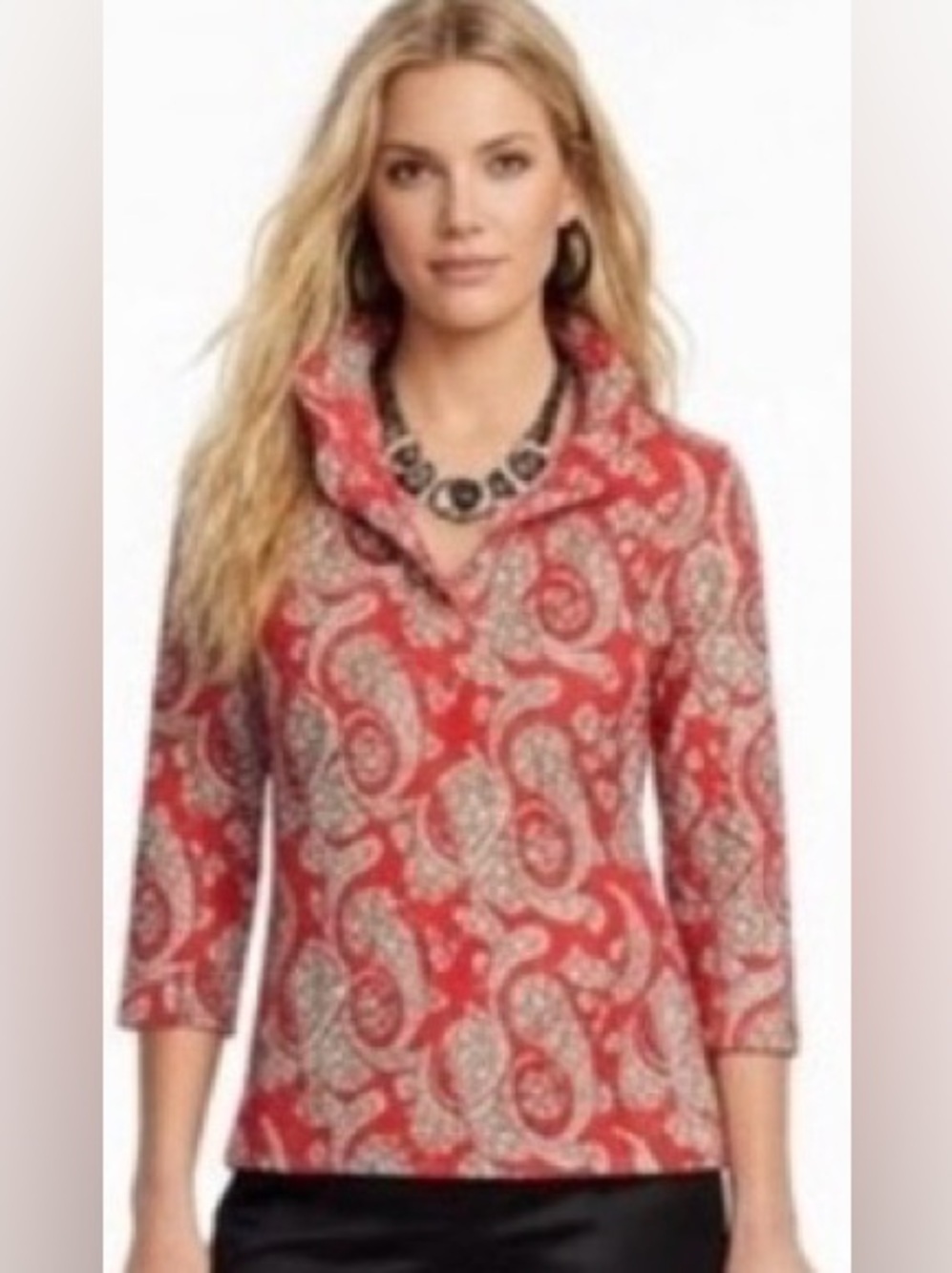 Gretchen Scott Designs Ruffneck 3/4 Sleeve with Red Paisley PulloverTop